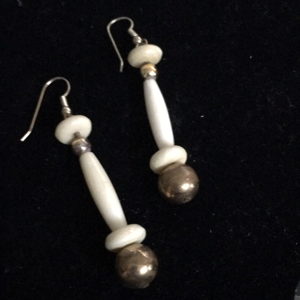Vintage Faux Ivory & Gold Bead Hanging Earrings